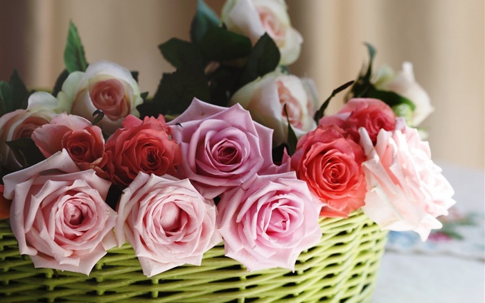 籃，玫瑰，粉紅色，白色，紅色的花朵 桌布 圖片