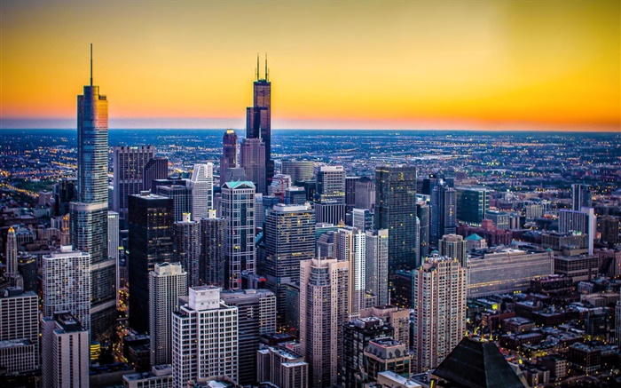 芝加哥，伊利諾伊州，美國，城市，黃昏，摩天大樓，日落 桌布 圖片