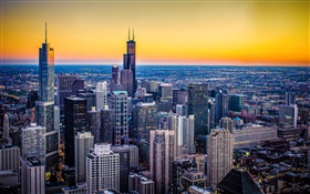 芝加哥，伊利諾伊州，美國，城市，黃昏，摩天大樓，日落 高清桌布