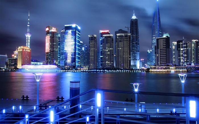 中國，上海，夜城，摩天大樓，燈，河 桌布 圖片
