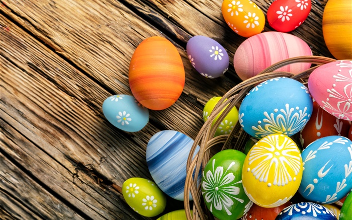 復活節彩蛋，豐富多彩，木板，筐 桌布 圖片