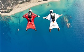 極限運動，跳傘，飛行，大海，沙灘 高清桌布