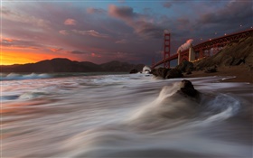 金門大橋，馬歇爾海灘，大海，美國，舊金山，晚上，雲