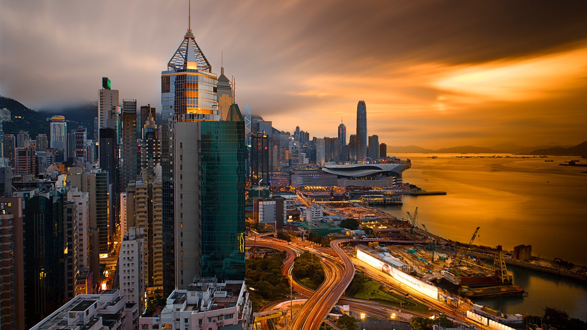 香港，中國，城市夜景，碼頭，天空，建築物，夜 電腦桌布 1920x1080 桌布下載