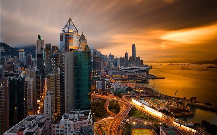香港，中國，城市夜景，碼頭，天空，建築物，夜 桌布 圖片