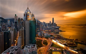 香港，中國，城市夜景，碼頭，天空，建築物，夜 高清桌布