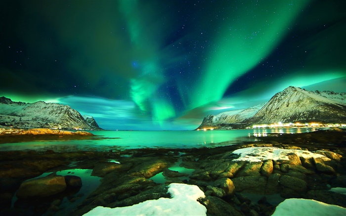 羅弗敦群島，挪威，北極光，山，海，石頭，晚上 桌布 圖片