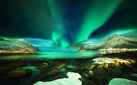 羅弗敦群島，挪威，北極光，山，海，石頭，晚上 高清桌布
