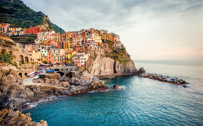 馬納羅拉，意大利，房子，海岸，船，懸崖 桌布 圖片