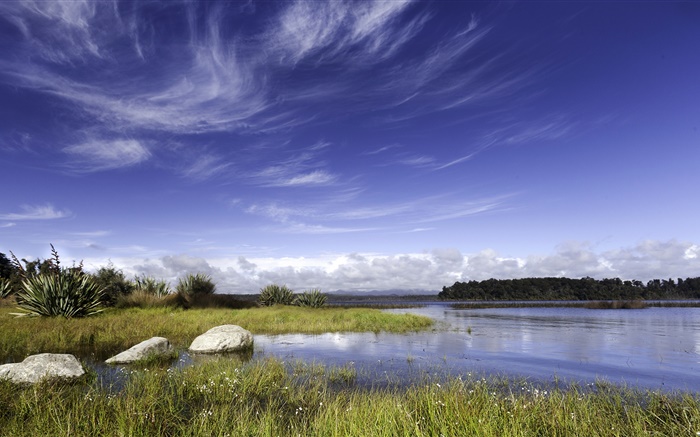 新西蘭，湖泊，岩石，草，藍色的天空，雲 桌布 圖片