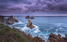 西班牙北部坎塔布里亞，海岸，海，怪石，雲海，黃昏