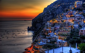 波西塔諾，意大利，美麗的夕陽，海，海岸，山，房屋，燈 高清桌布