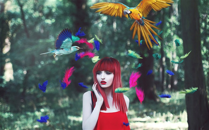 紅發女孩，五顏六色的羽毛，鳥，創意圖片 桌布 圖片