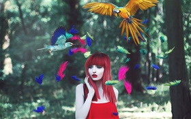 紅發女孩，五顏六色的羽毛，鳥，創意圖片