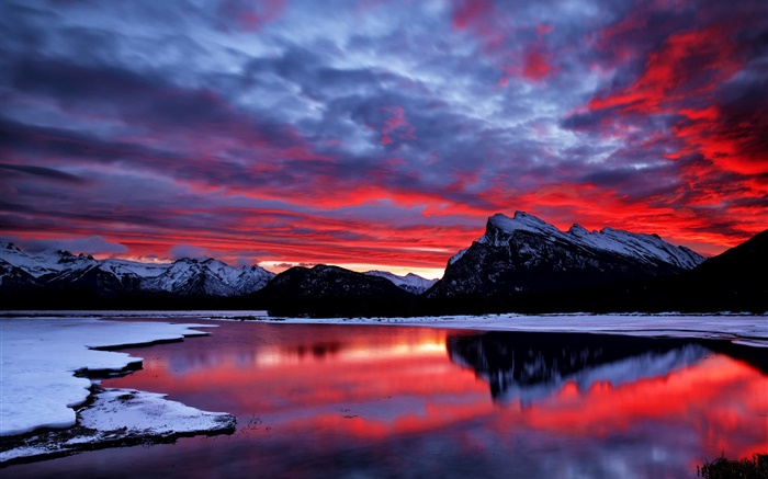 紅色的天空，雲，朝霞，夕陽，山，湖，雪，冬天 桌布 圖片