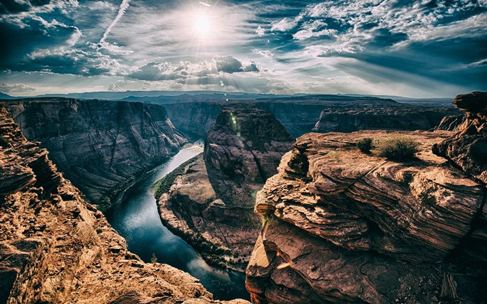 河，馬蹄灣，美國亞利桑那州，峽谷，太陽，雲 桌布 圖片