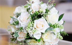 白玫瑰，花束的花，葉 高清桌布