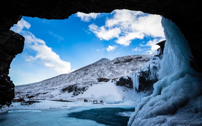 冬天，雪，冰，洞，山，雲，藍天 桌布 圖片