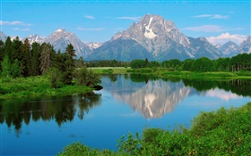 美國懷俄明州大提頓國家公園，山脈，湖泊，樹木 高清桌布