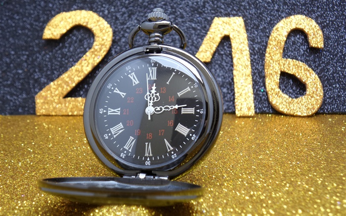 2016年新年快樂，金色的亮粉，手錶 桌布 圖片