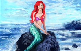 藝術幻想，美人魚坐在石頭上，微笑，紅色的頭髮，尾