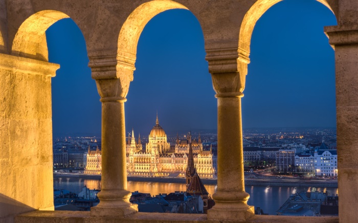 布達佩斯，匈牙利，議會，河，夜，燈 桌布 圖片