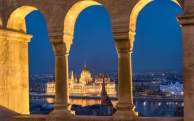布達佩斯，匈牙利，議會，河，夜，燈