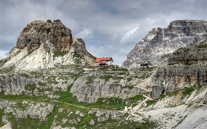 白雲巖，意大利，雲，岩石，山，房子 桌布 圖片