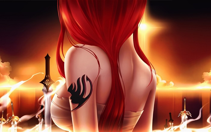 妖精的尾巴，動漫女孩，紅色的頭髮，劍，後視圖 桌布 圖片
