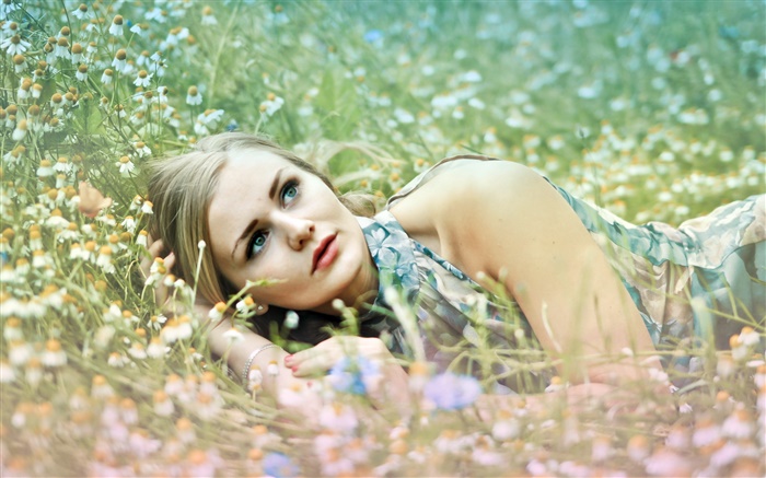 女孩躺在草地，野花 桌布 圖片