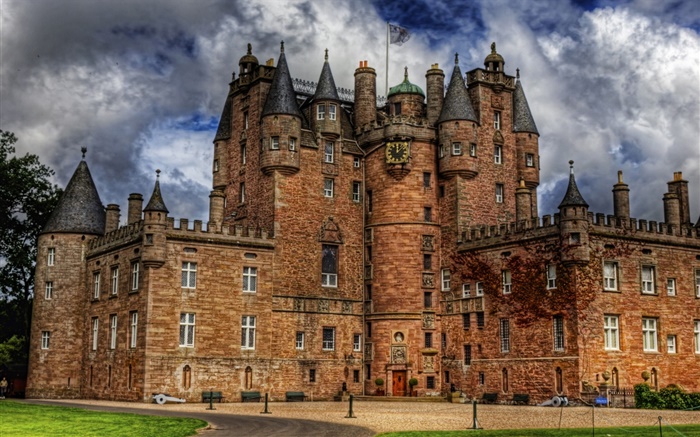 格拉姆斯城堡，蘇格蘭，雲，黃昏 桌布 圖片