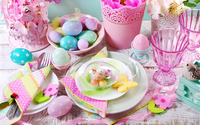 復活節快樂，裝飾，豐富多彩蛋，杯子，鮮花，春天 桌布 圖片