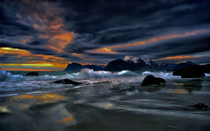 羅弗敦群島，挪威，岸，海岸，海，石頭，晚上，雲 桌布 圖片