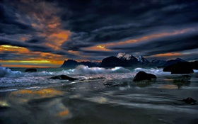羅弗敦群島，挪威，岸，海岸，海，石頭，晚上，雲 高清桌布