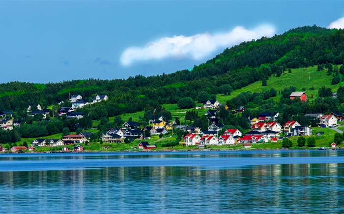 挪威，海灣，房屋，樹木，高山，藍天，雲 桌布 圖片