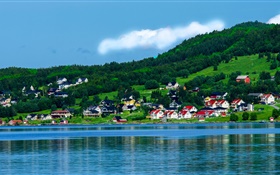 挪威，海灣，房屋，樹木，高山，藍天，雲