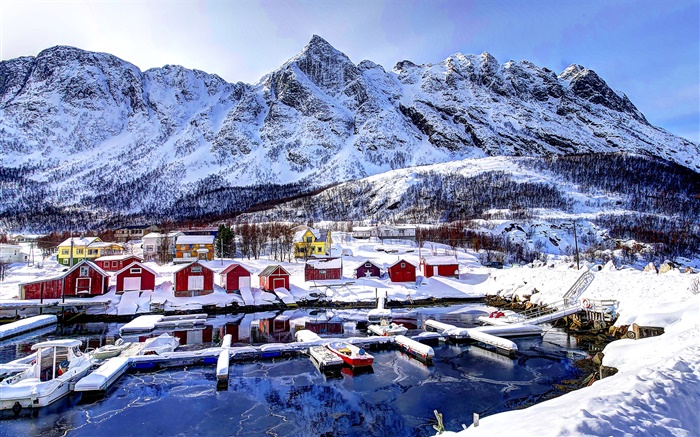 挪威的冬天，雪，海灣，山，房子，船 桌布 圖片