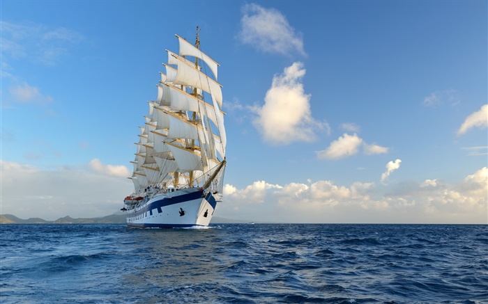 帆船，船，蔚藍的大海，天空，雲 桌布 圖片