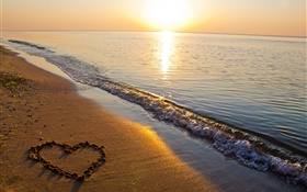 沙灘，大海，夕陽，愛心臟形 高清桌布