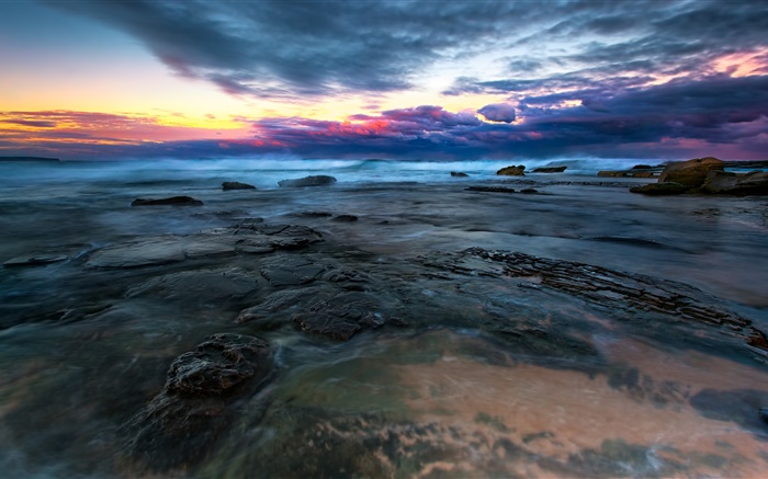 海，水，石，雲，日落 桌布 圖片