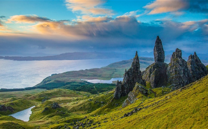 斯凱島，蘇格蘭，岩石，山谷，湖泊，雲，黃昏 桌布 圖片