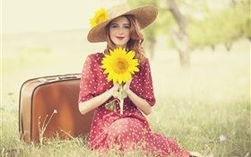 微笑的金發女孩，姿勢，拿著向日葵，微笑 高清桌布