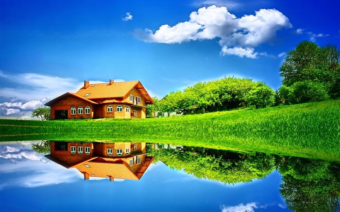夏天，湖，房子，樹，草，水中的倒影 桌布 圖片