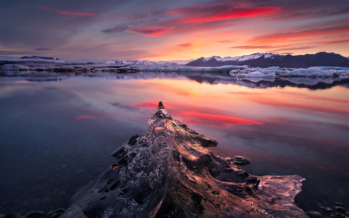 日出，湖，冰，冬天，山，黎明 桌布 圖片