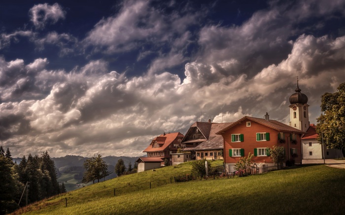 瑞士，Heiligkreuz，房子，坡，樹木，雲 桌布 圖片