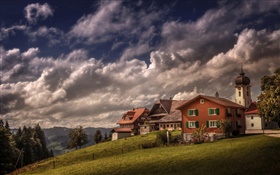 瑞士，Heiligkreuz，房子，坡，樹木，雲