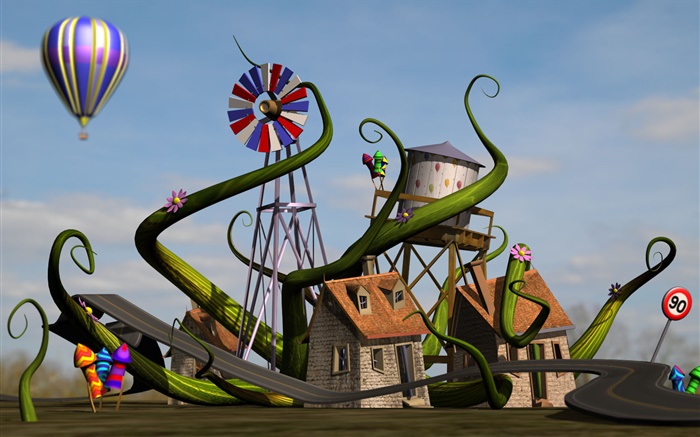 3D家庭，房子，風車，路，氣球 桌布 圖片