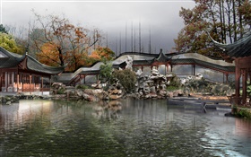 3D公園設計，湖泊，亭台，樹木，秋天