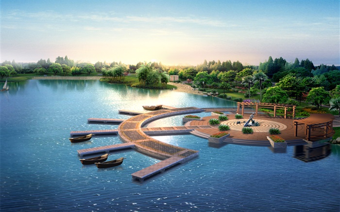 3D公園設計，渲染，碼頭，船隻，樹木，湖泊 桌布 圖片
