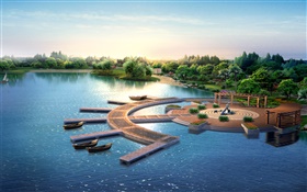 3D公園設計，渲染，碼頭，船隻，樹木，湖泊